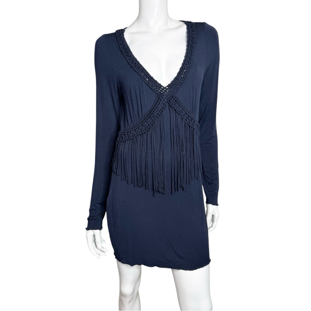 Wrap Long Sleeve Fringe Blue Western Wear Midi Bodycon Dress
